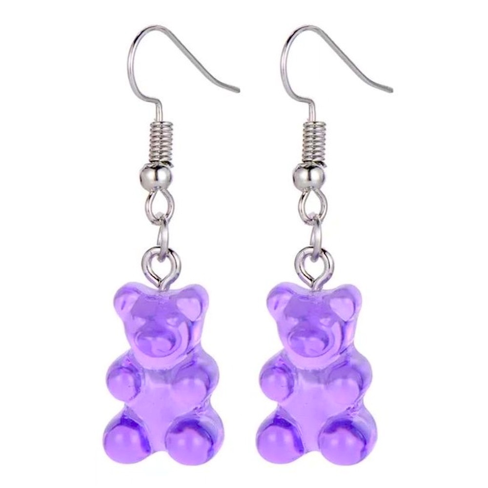 New Handmade Transparent Purple Grape Sterling Silver Resin Gummy Bear Earrings